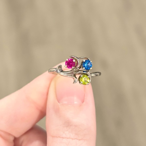 14K Rainbow Spinel red blue green gemstone cluster vintage white gold ring - Picture 6 of 12